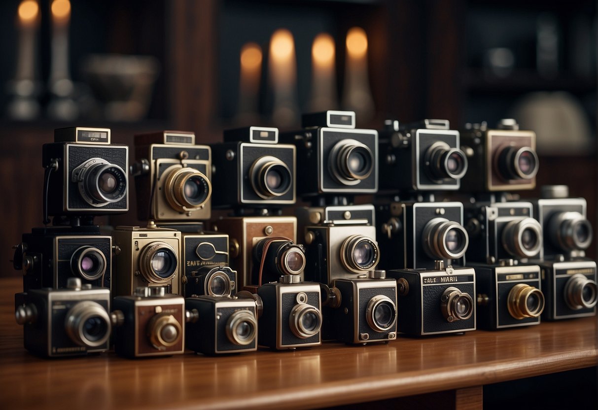 A collection of historic cameras arranged on a table, each representing a different era in the exploration of the cosmos