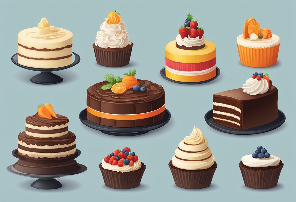 A table displays various types of cakes: chocolate, vanilla, red velvet, and carrot. Each cake is beautifully decorated with frosting and toppings