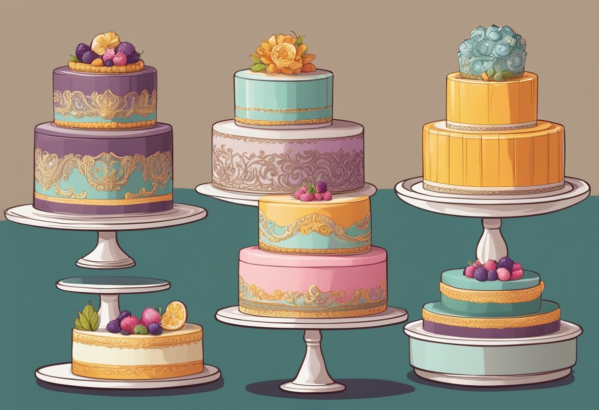 A display of various specialty cakes arranged on a tiered stand, showcasing different types and flavors with intricate decorations and vibrant colors