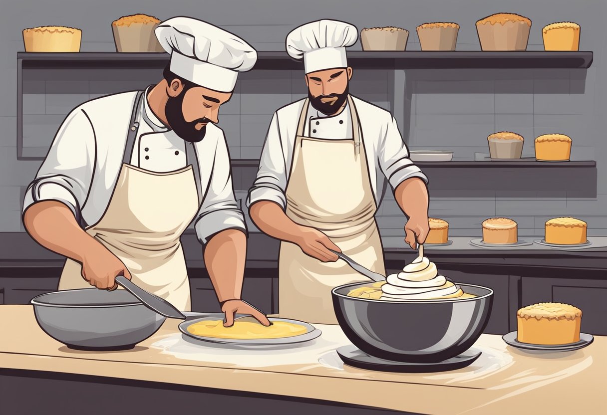 A baker is mixing batter in a metal bowl, while another is frosting a cake with a spatula. Different types of cakes are displayed on a table