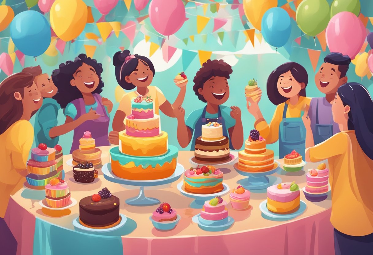 A table filled with colorful and delicious cakes of various shapes and sizes, surrounded by happy and excited people