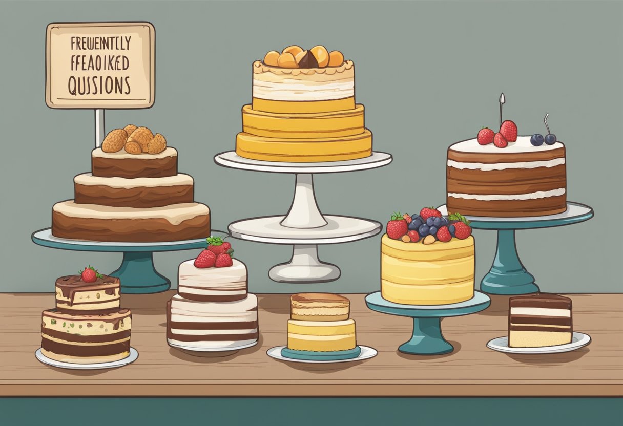 Various types of cakes displayed on a table with a sign reading "Frequently Asked Questions" above them