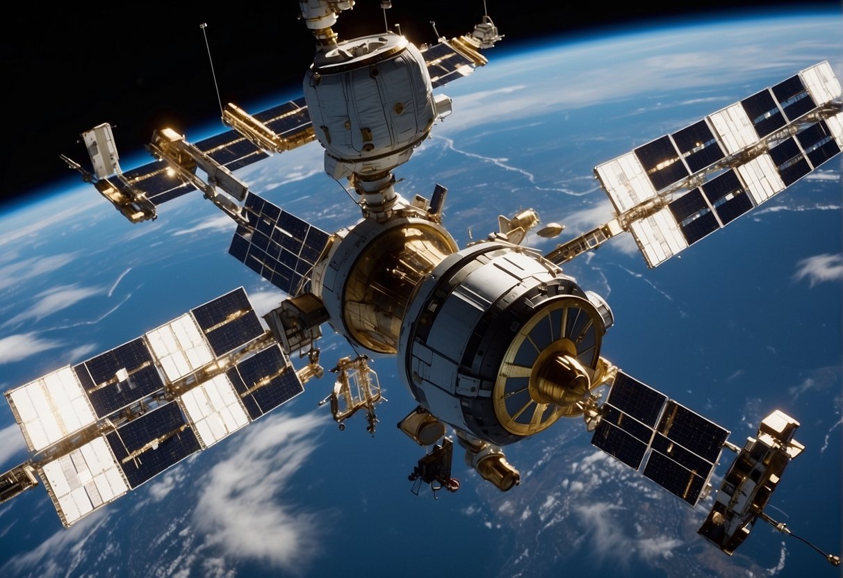 Space station with tethered satellites orbiting Earth, showcasing economic and legal aspects of Tether Technologies. Innovative applications evident in the interconnected network of satellites