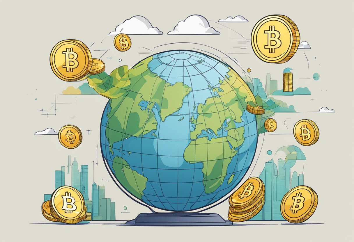 A digital currency hovering above a globe, with a scale showing the risks on one side and the real purpose on the other