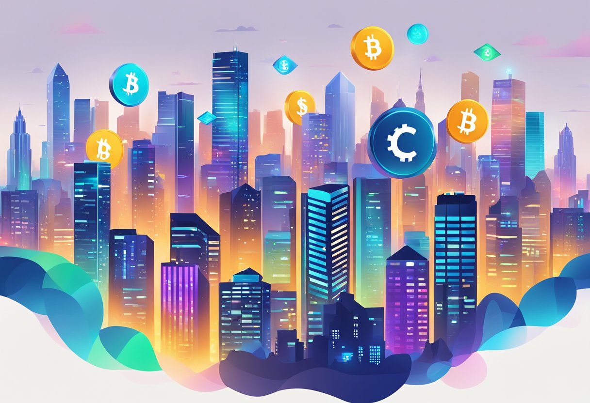 A vibrant city skyline with digital currency symbols floating above, representing the potential benefits and risks of CBDCs