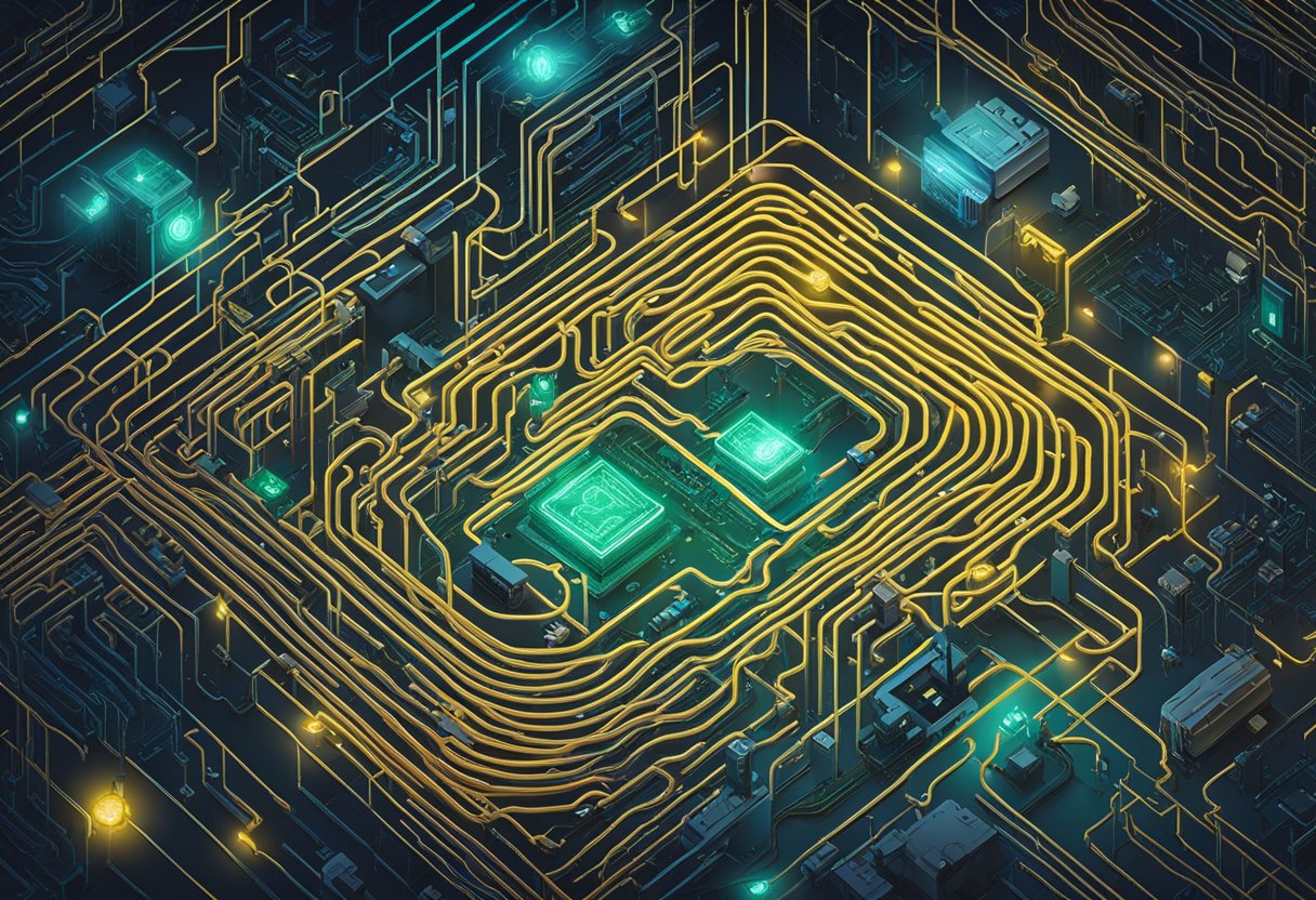 A maze of tangled wires and circuit boards, with a looming question mark symbolizing the risks and challenges of CBDC, while a spotlight shines on its real purpose