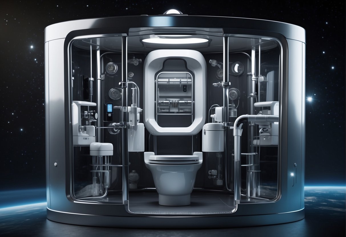 A space toilet is shown with clear tubes and valves, illustrating the complex technology behind solving basic human needs in space