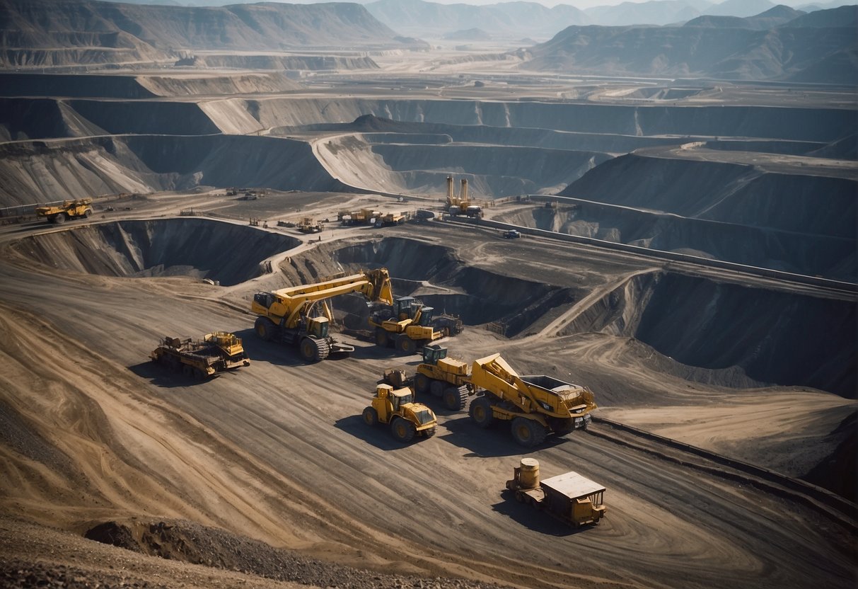 A massive mining operation with heavy machinery and vast open pits, surrounded by industrial infrastructure and transportation networks
