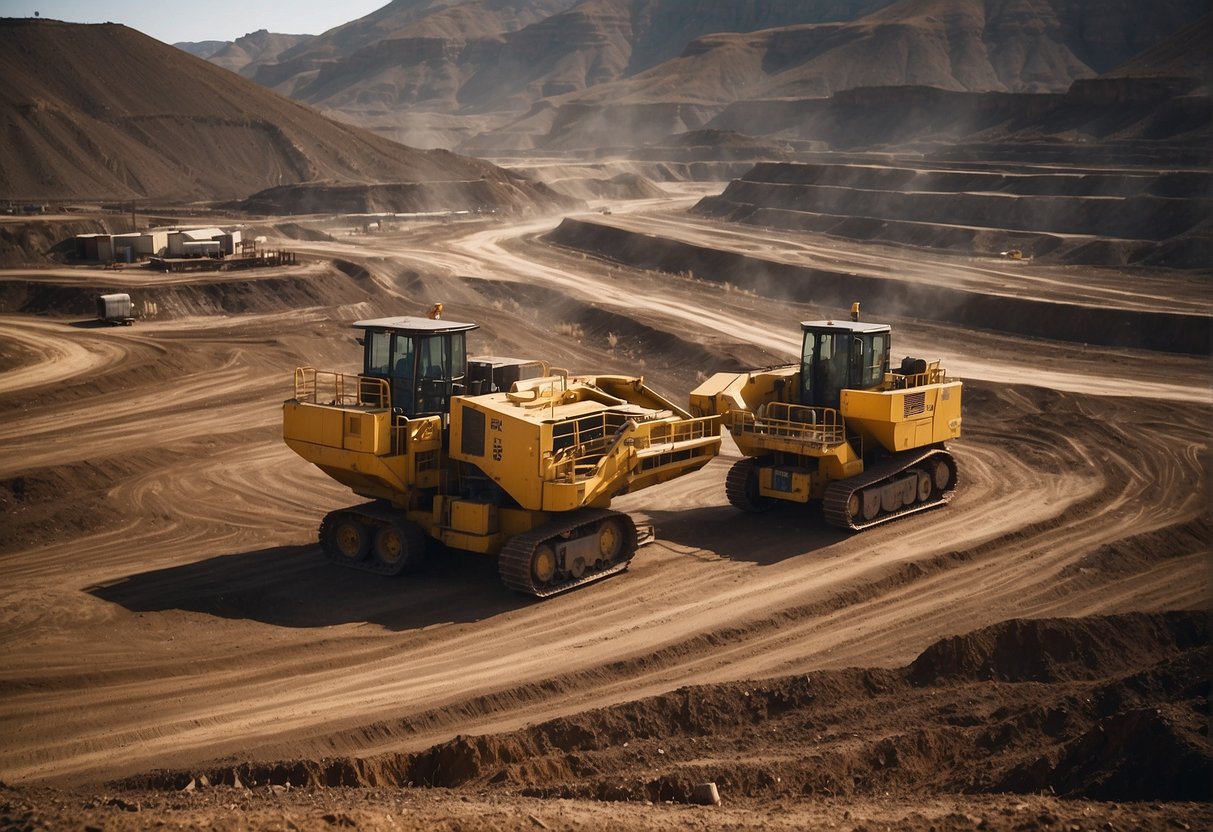 A massive mining operation at Global Operations Vale S.A., with heavy machinery and vast mining pits, dominates the landscape