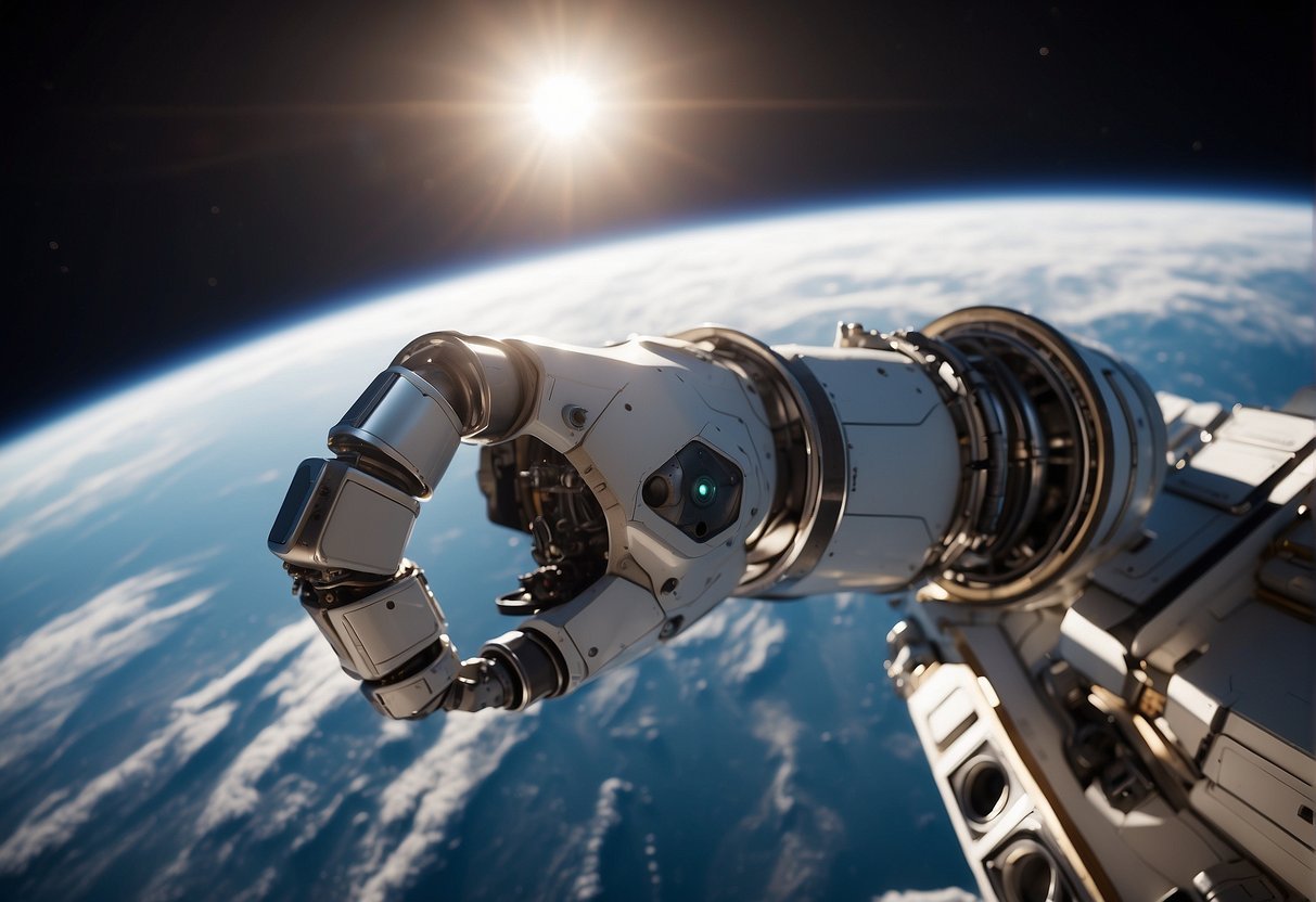 A robotic arm extends from a spacecraft, maneuvering with precision in the vacuum of space. Advanced technology allows it to perform delicate tasks with ease