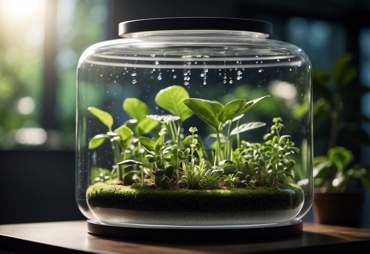 Plants floating in a sealed, transparent container, with water droplets suspended in the air. A network of tubes and filters provide the necessary nutrients and oxygen for the plants to survive in the vacuum of space