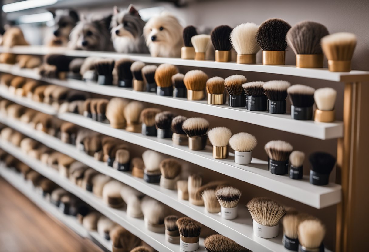 A variety of dog brushes displayed on a shelf, with labels indicating different hair types and lengths. A dog of various breeds and sizes sits nearby, waiting to be groomed