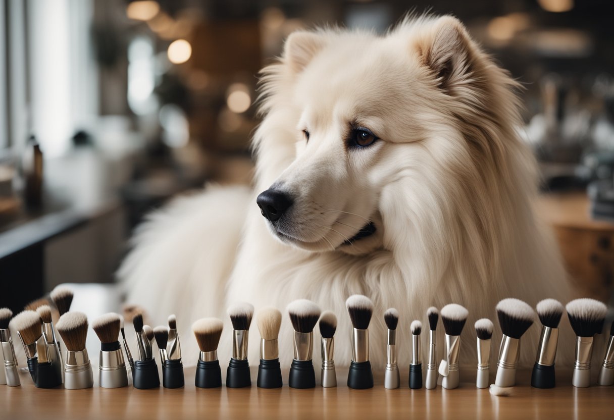 A fluffy dog sits patiently as a variety of brushes lay on the table. Each brush is labeled with different coat types, from short and smooth to long and curly