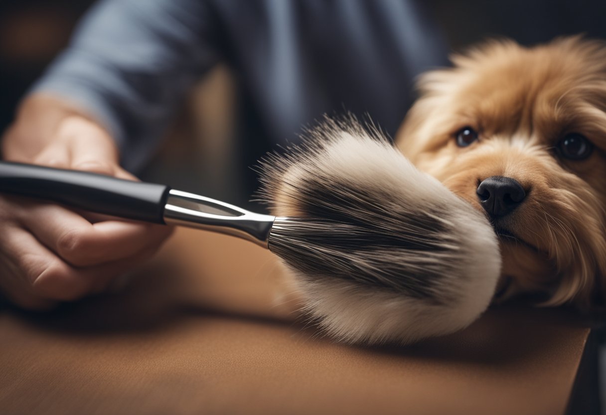 A dog owner carefully selects a brush from a variety of options, considering the size and type of their dog's fur