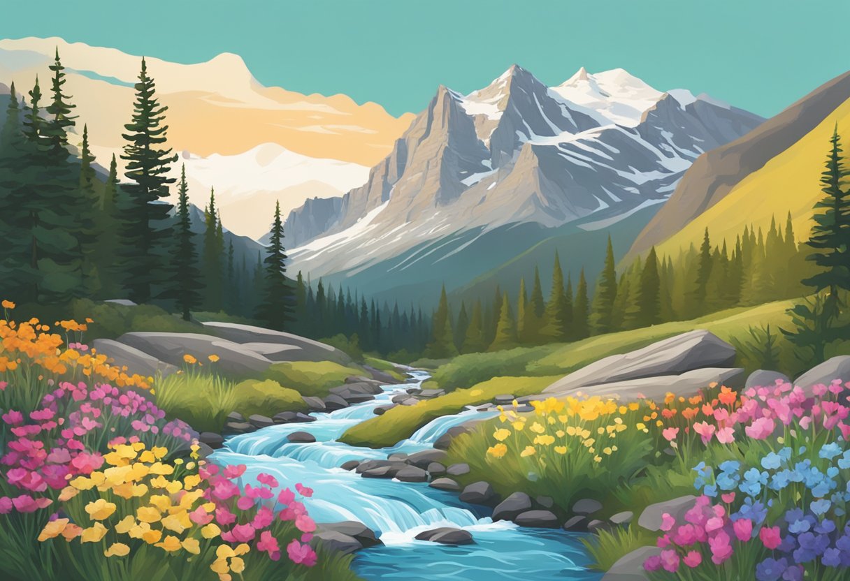 A picturesque mountain backdrop with colorful flowers and a flowing stream sets the scene for a joyous gay elopement in Banff