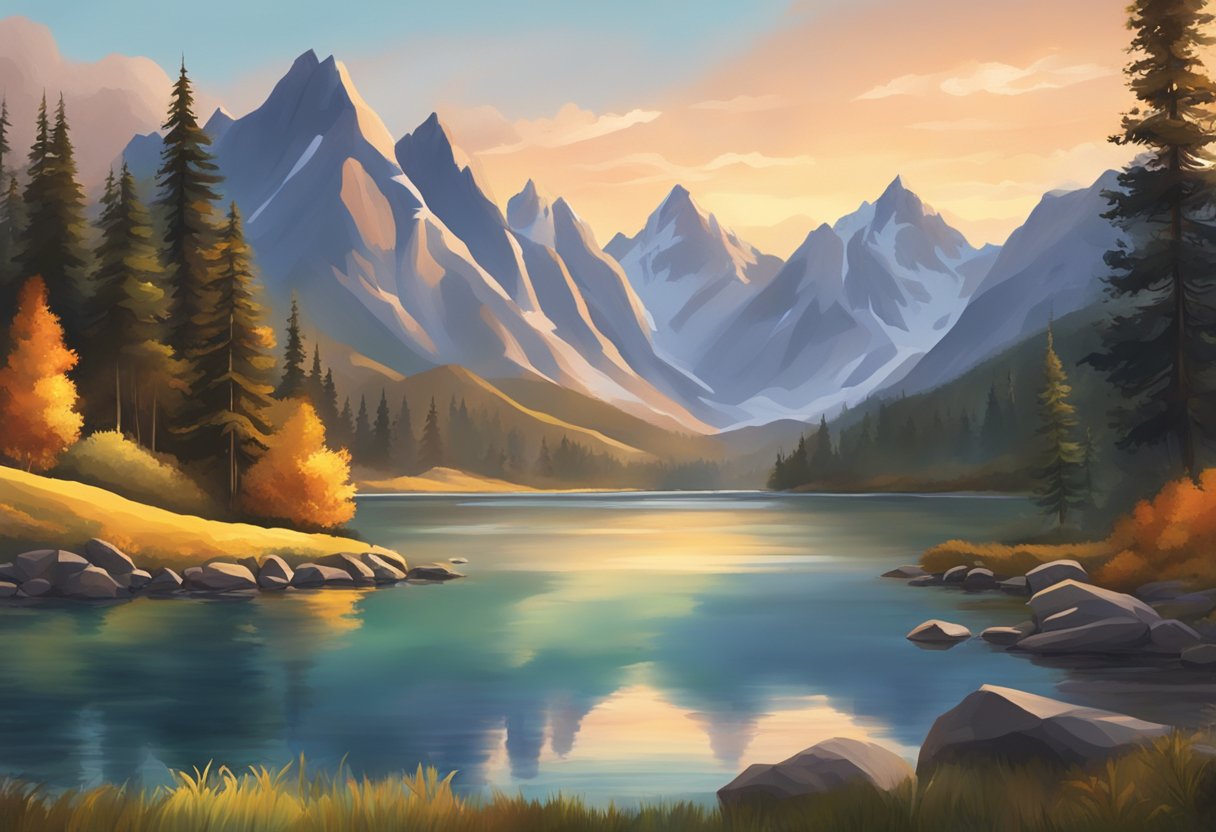 A picturesque mountain backdrop, with a serene alpine lake nestled among the peaks. The sun sets behind the mountains, casting a warm glow over the scene