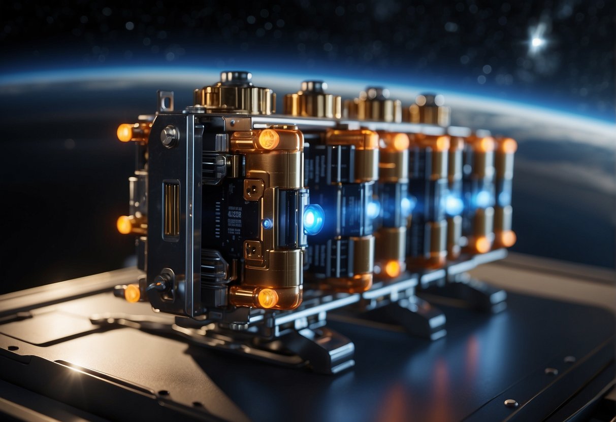 A cluster of space batteries connected to a satellite, glowing with energy as they power a mission beyond Earth
