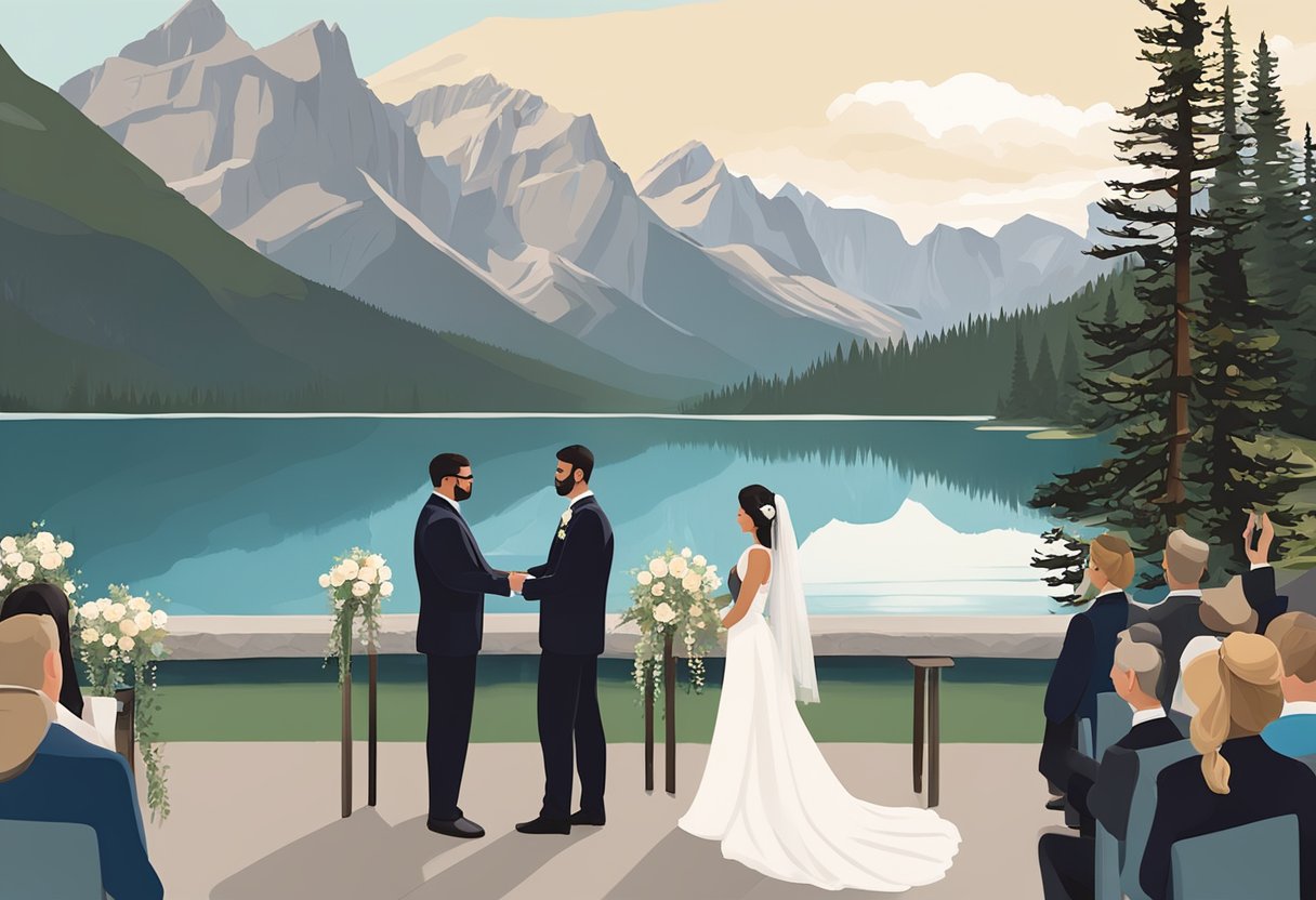 A couple exchanging vows in a scenic outdoor setting in Banff, surrounded by mountains and a serene lake, with a marriage officiant overseeing the ceremony