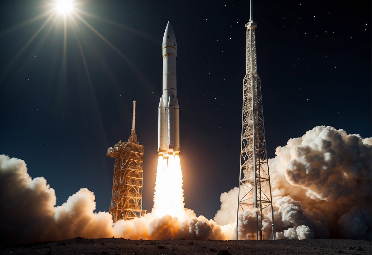 A rocket launches into space, carrying a payload of advanced batteries. The batteries are designed to power missions beyond Earth, providing essential energy for spacecraft and scientific instruments