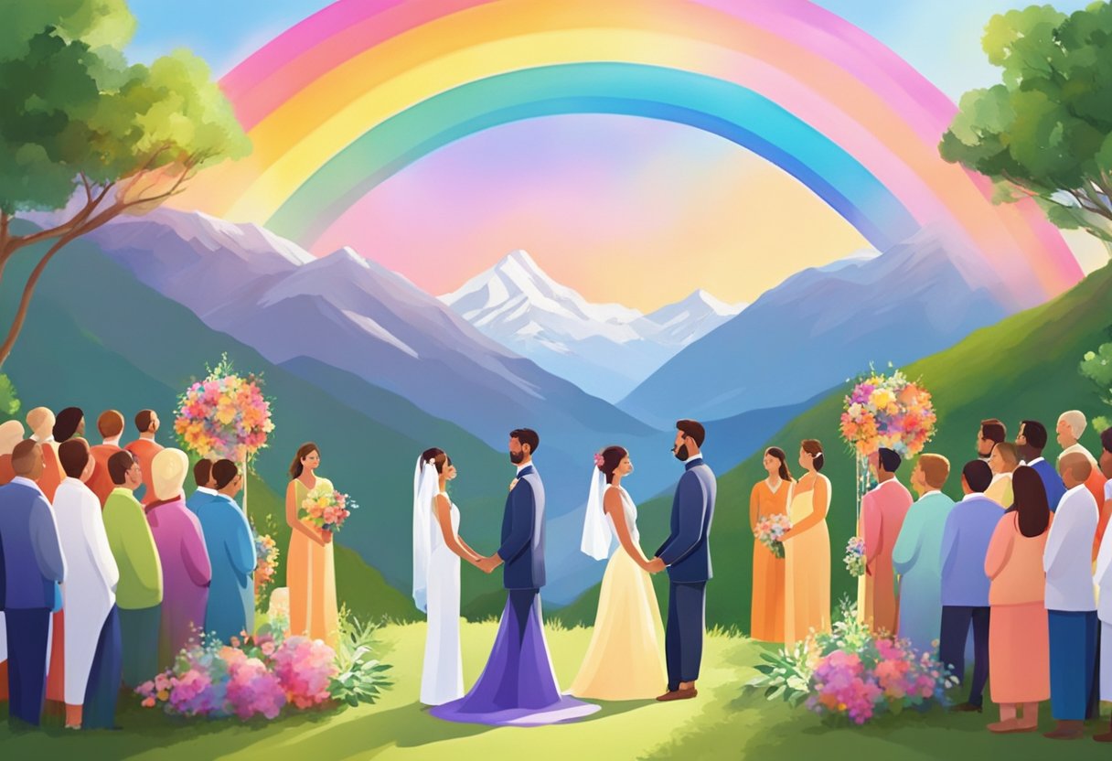 A picturesque mountain backdrop frames a romantic ceremony with vibrant rainbow decor and a joyful couple exchanging vows