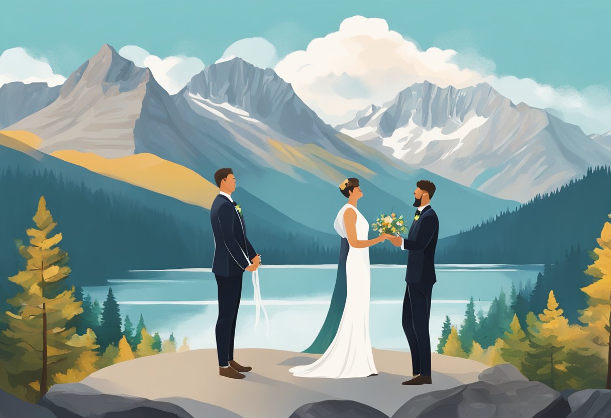 A scenic mountain backdrop with two figures exchanging vows in Banff, capturing the joy of a gay elopement