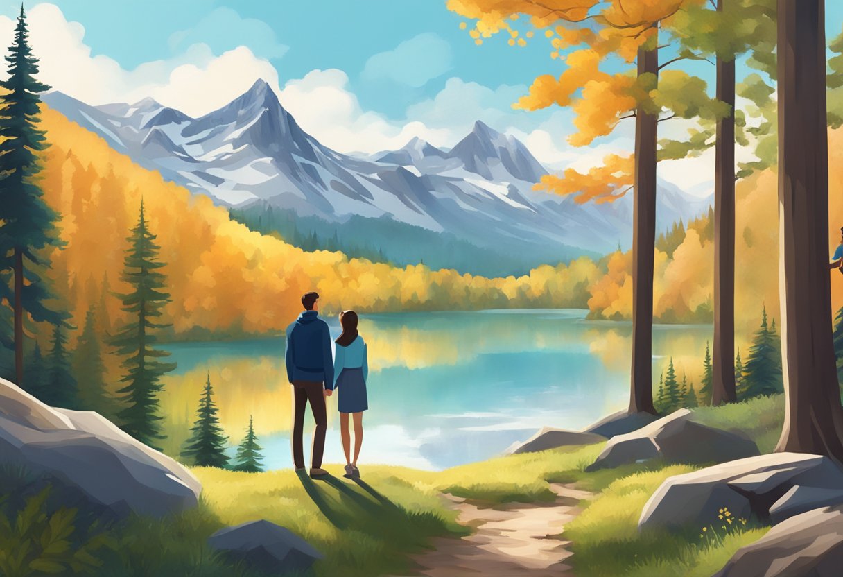 A couple hikes through a picturesque mountain landscape, exchanging vows in a secluded clearing surrounded by towering trees and a crystal-clear lake