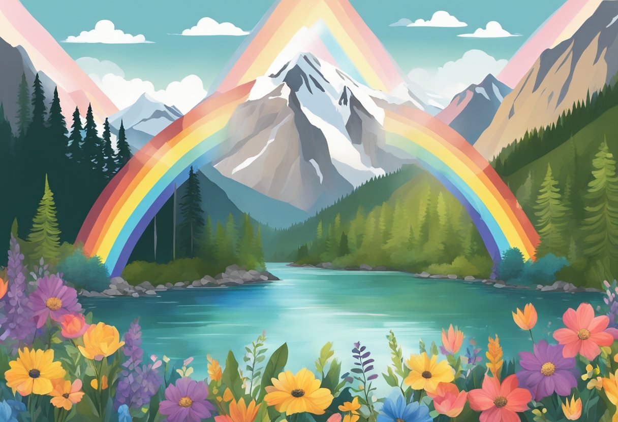 A picturesque mountain backdrop with a flowing river and lush greenery, adorned with rainbow flags and flowers, sets the stage for a beautiful banff lgbtq+ wedding