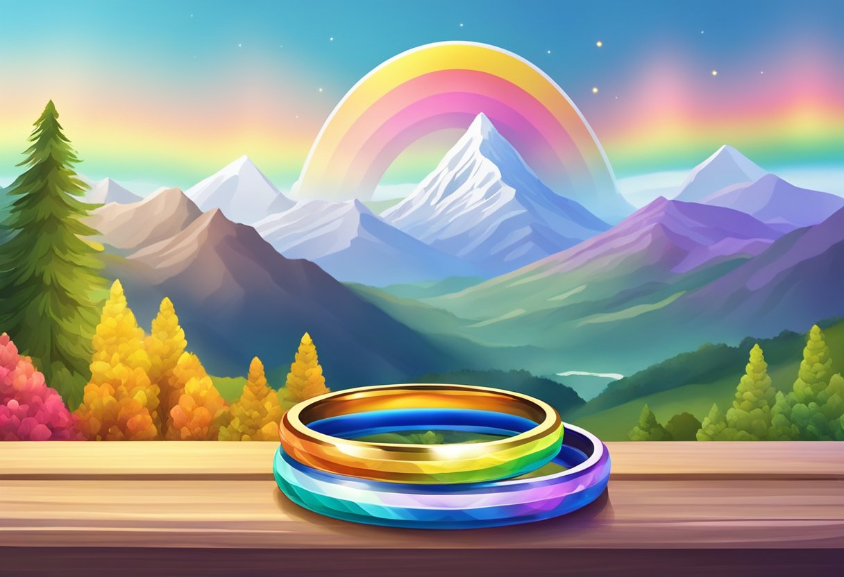 A picturesque mountain backdrop with vibrant rainbow decorations and two wedding rings intertwined on a table