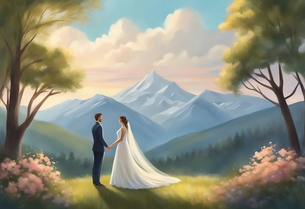 A serene mountain backdrop, two figures standing close, exchanging vows with a sense of intimacy and love