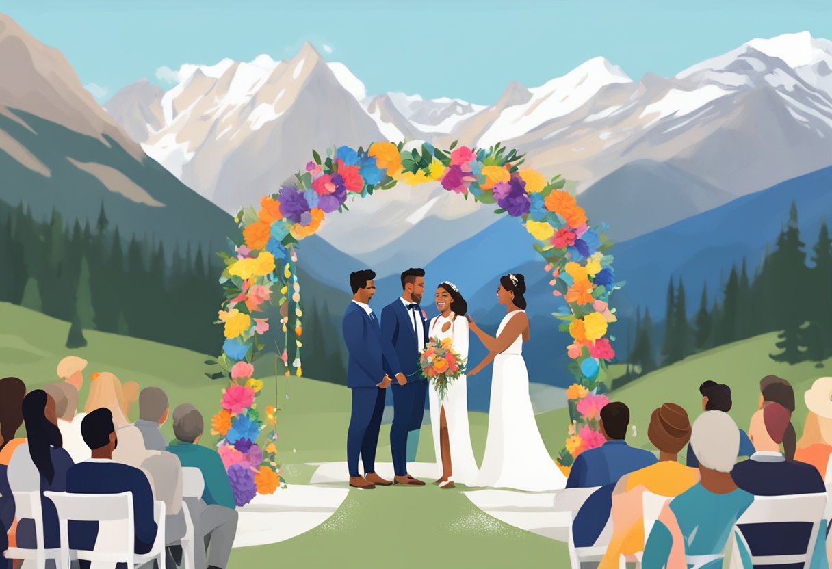 A picturesque mountain backdrop with colorful LGBTQ+ wedding decor and a joyful elopement ceremony in Banff