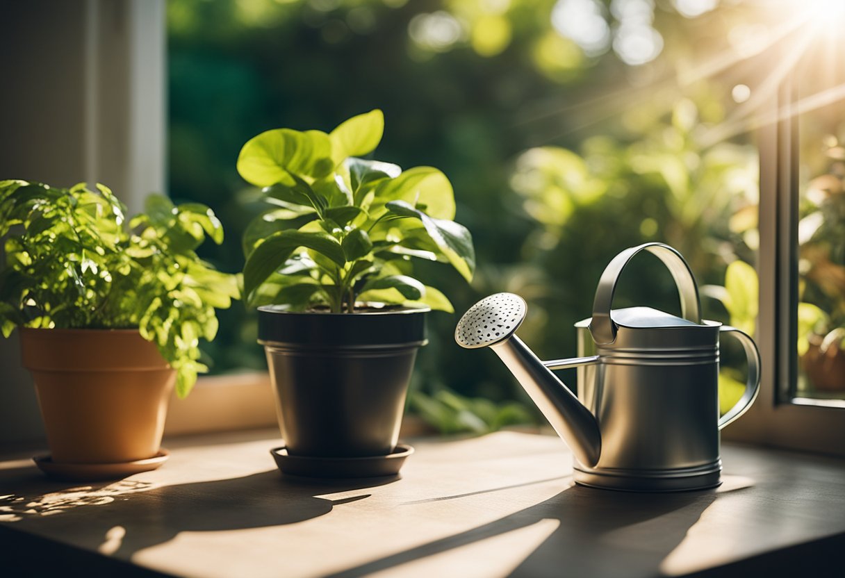 A hand reaches for a watering can next to a row of potted plants. Sunlight streams through a nearby window, casting shadows on the green leaves