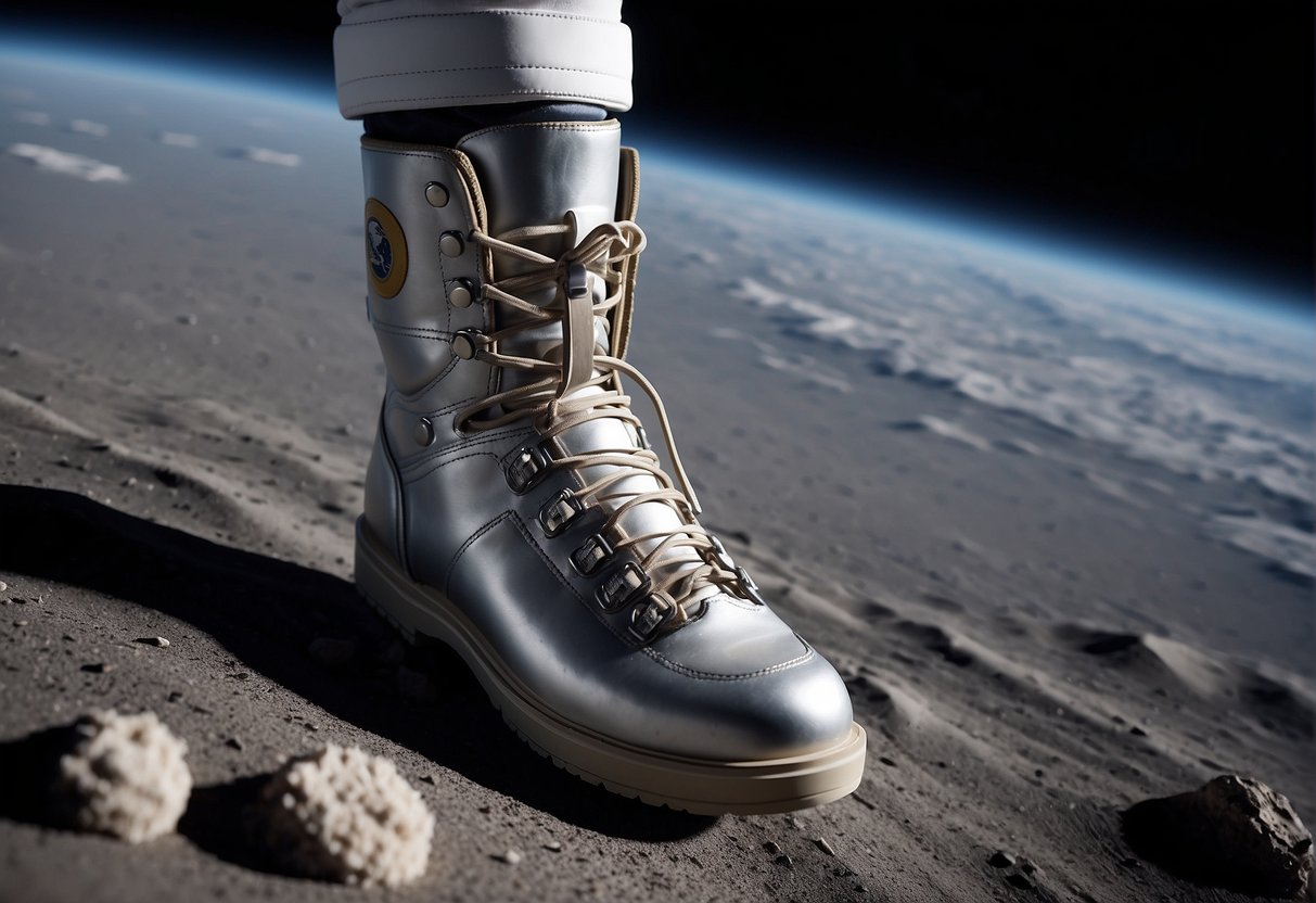 A space boot with multiple layers of insulation and a durable, non-slip sole floats weightlessly above the lunar surface