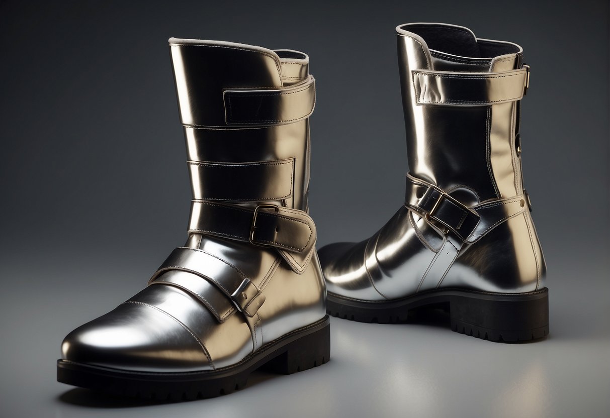 A pair of sleek, metallic space boots with adjustable straps and advanced propulsion technology, designed for maximum functionality in zero-gravity environments