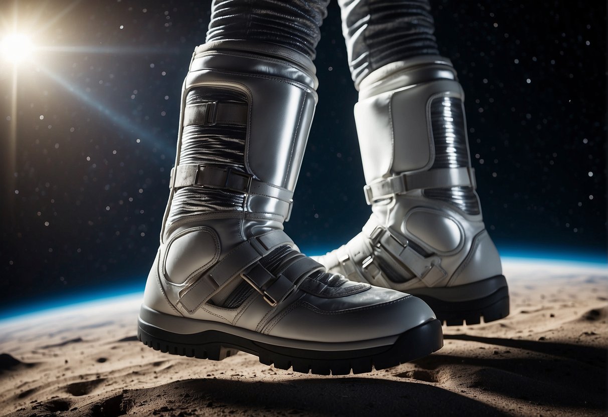 Astronaut's space boots floating in the vacuum of space, with Earth in the background