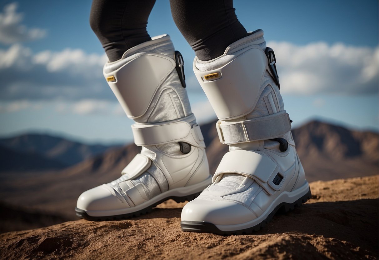 The spacesuit boots are seamlessly integrated with other components, showcasing their advanced design and functionality