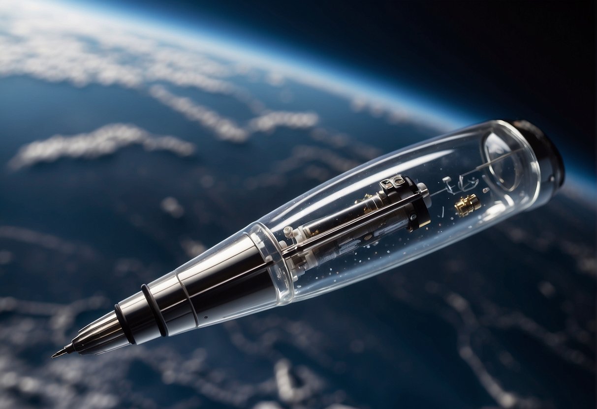In zero gravity, a space pen floats mid-air, ink suspended in the clear chamber, ready to write. The pen's sleek design reflects the futuristic surroundings of the space station