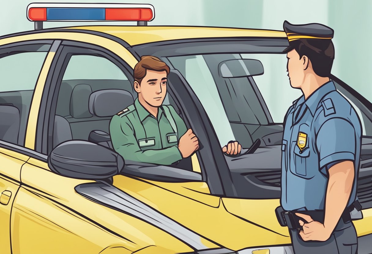 A person receiving a severe traffic ticket in a rental car, worried about losing their provisional driver's license