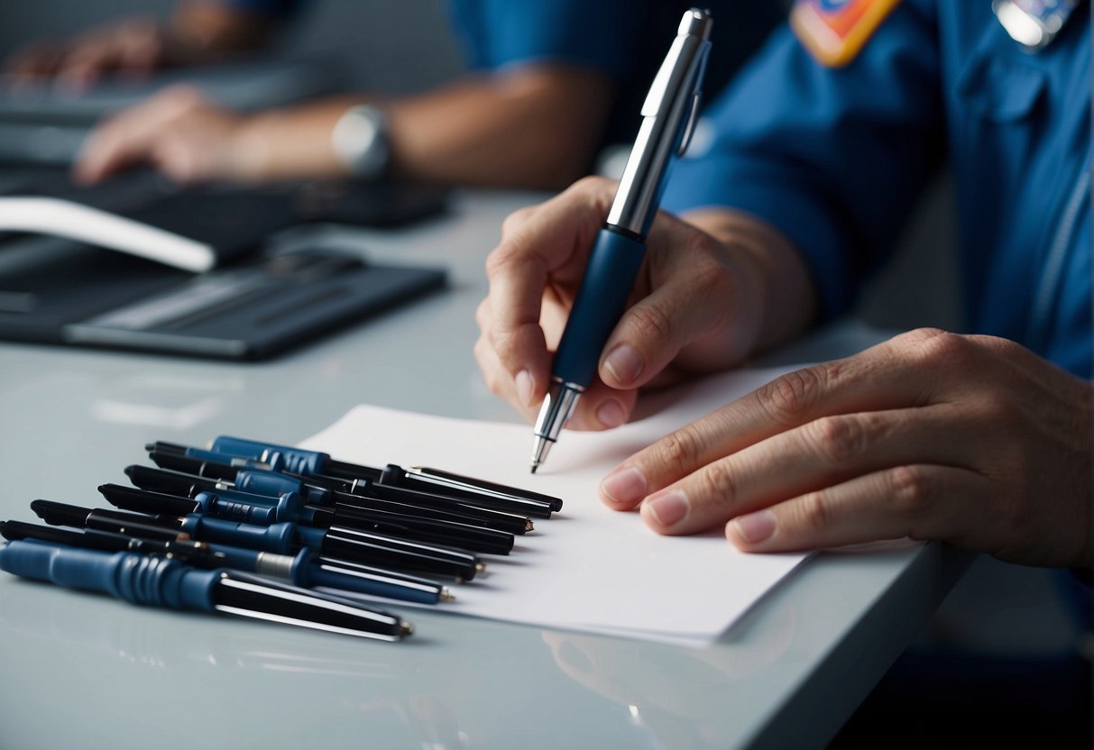 Astronaut's hand floats pen in zero gravity, ink flows smoothly. Multiple space pen varieties on display in background