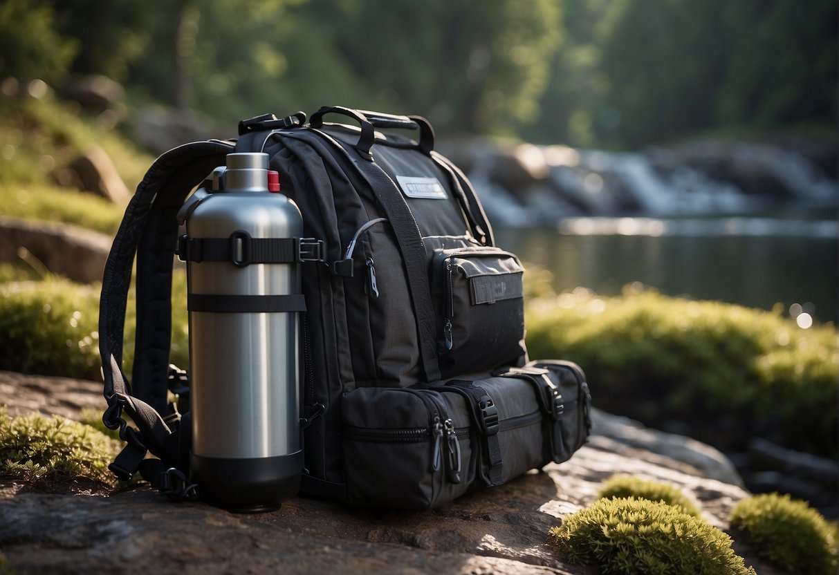 A compact backpack with various compartments and tubes, connected to a small oxygen tank, designed for survival in extreme environments