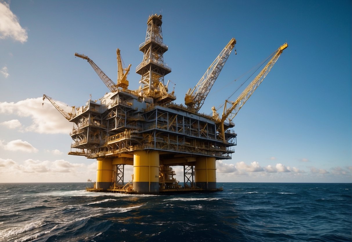 An offshore oil rig with the Petrobras logo prominently displayed on the side, surrounded by the ocean and under a clear blue sky