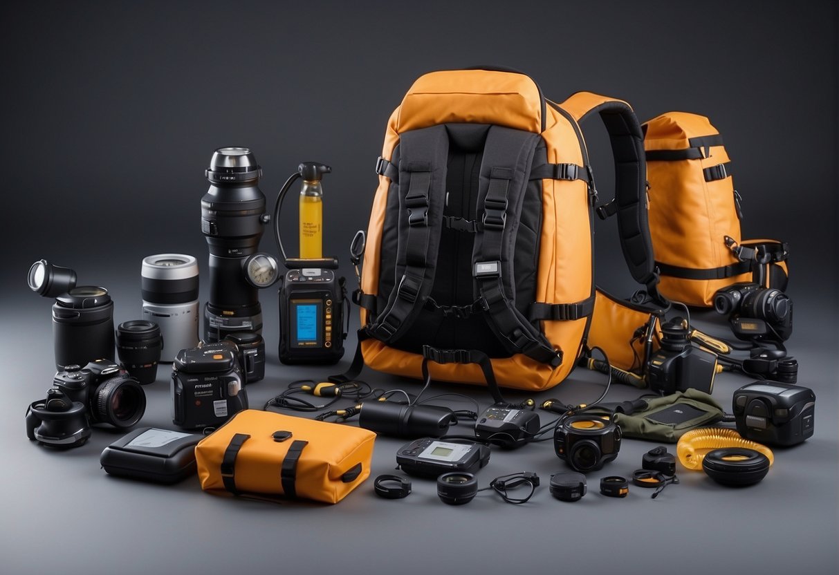 A figure wearing a portable life support system backpack, surrounded by various safety measures and challenges