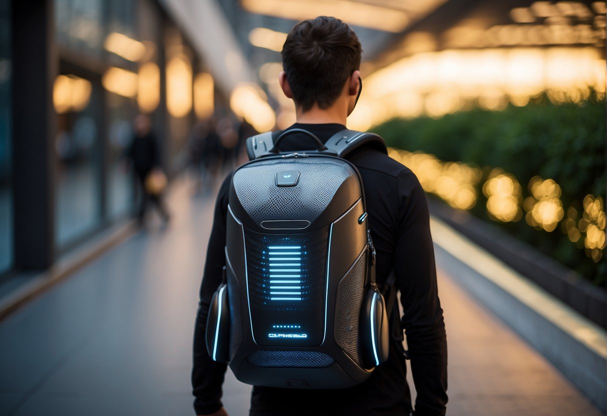 A sleek, futuristic backpack with built-in life support systems, featuring advanced technology and sleek design