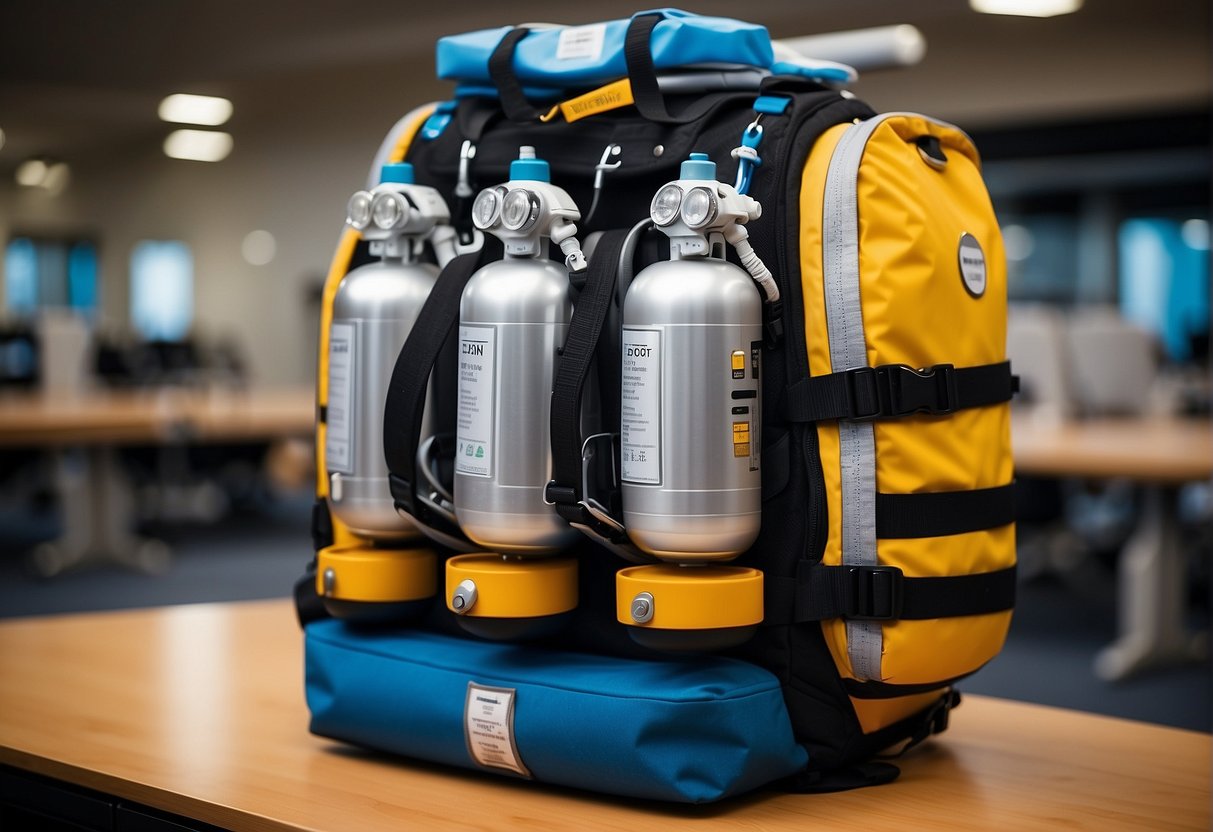 A compact life support system suspended from a sturdy backpack frame, with visible oxygen tanks, medical equipment, and clear regulatory labels