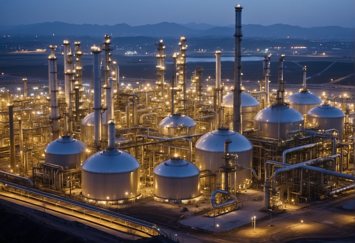 A complex of oil refineries and storage tanks, with pipelines connecting them, surrounded by industrial infrastructure and machinery
