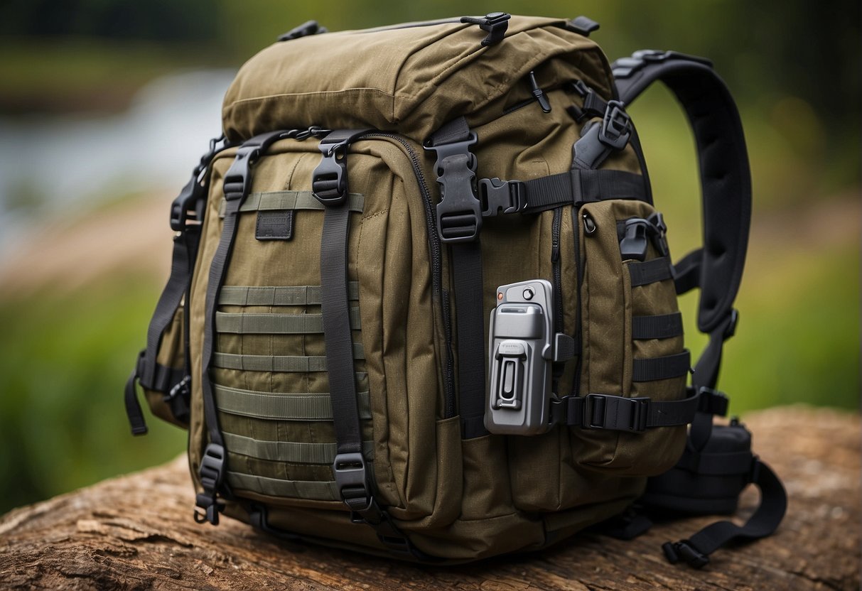 A backpack with various compartments and attachments, designed for survival in outdoor environments