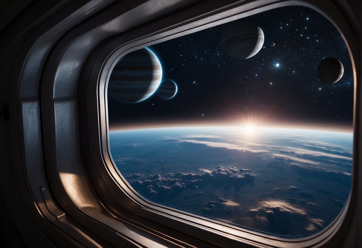 Spacecraft Windows A spaceship window reveals a breathtaking view of distant planets and stars against the backdrop of the vast, dark expanse of outer space