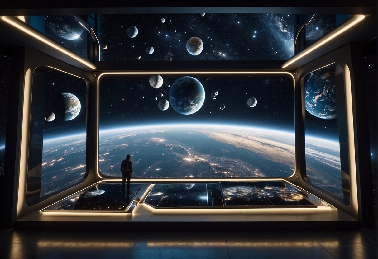 The spacecraft window displays a breathtaking view of the galaxy, with stars and planets scattered across the endless expanse of space. The glass is sleek and modern, reflecting the advanced technology used to construct the spacecraft