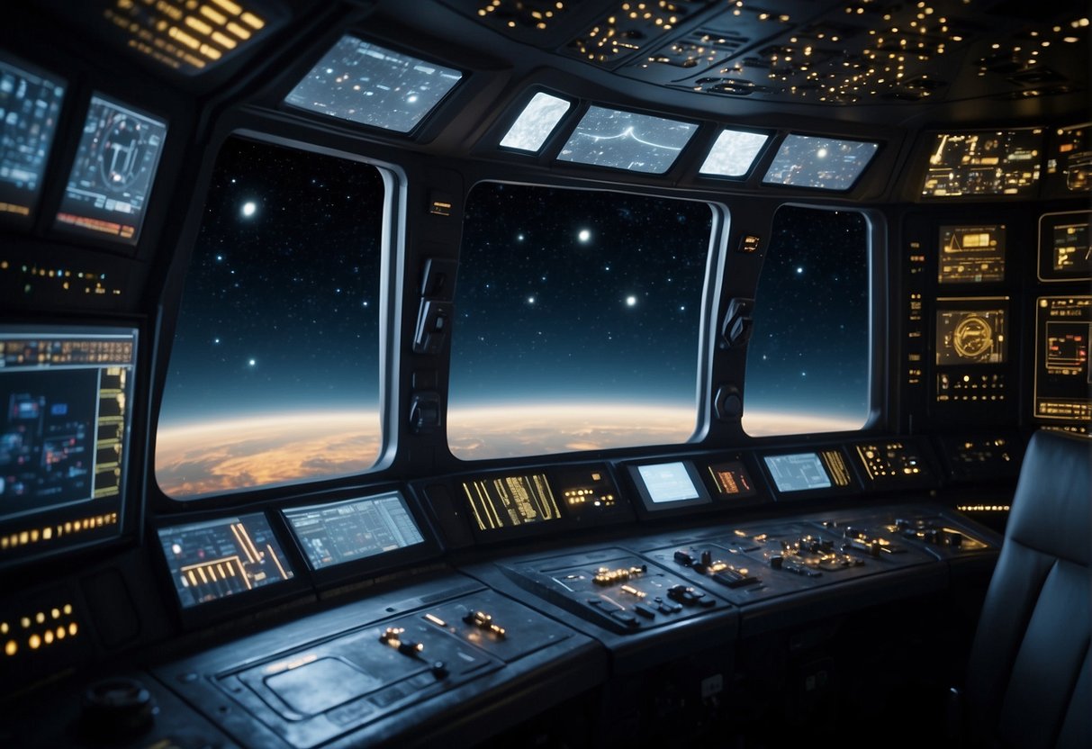 A spacecraft window reveals a vast expanse of stars and planets. A control panel with blinking lights and digital displays is in the foreground, highlighting the functionality of the spacecraft beyond just providing a view