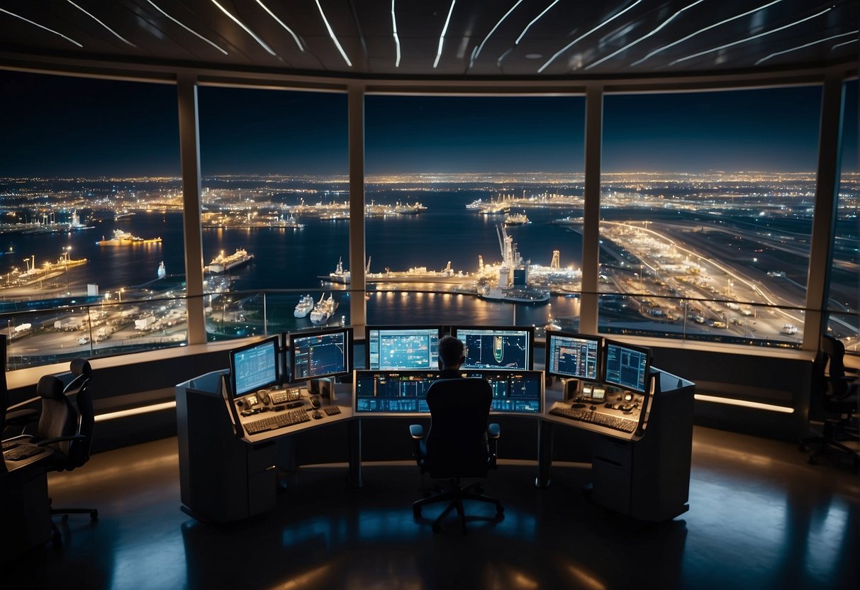 A spacecraft window overlooks a bustling spaceport with cargo ships loading and unloading goods, while traders negotiate deals and workers maintain the vessels