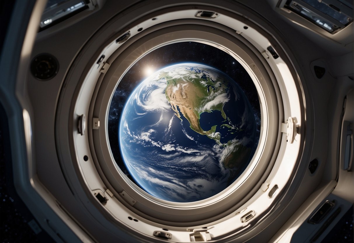 A spacecraft window with Earth in the background, displaying a clear view of the planet and the vastness of space beyond